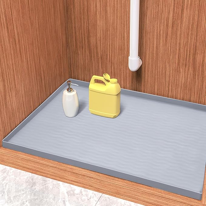 URMONA Waterproof Silicone Under Sink Mat 25'' x 22'' Shelf Liner for Kitchen and Bathroom, Cabinet and Counter Protector, Storage and Organizers, Litter Mat, Pet Cat Puppy Essentials(Light Grey)