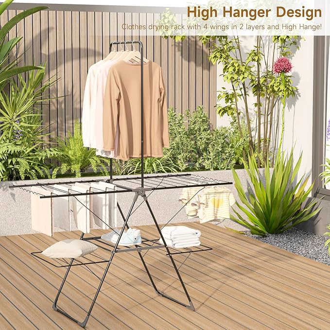Bigzzia Clothes Drying Rack Foldable, 68.9Inch High Hanger Laundry Drying Rack with 4 Height-Adjustable Wings, Lightweight and Space Saving Clothes Airer for Apartments, Dorms, Camping