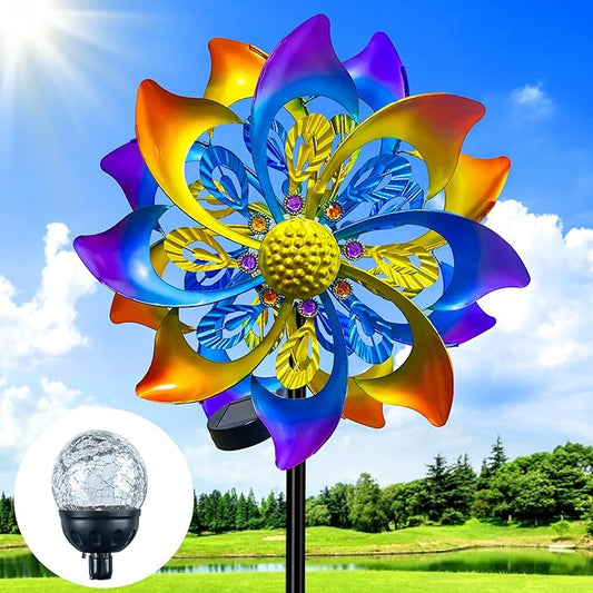 60 Inch Solar Wind Spinner Outdoor - Double-Sided Rotating Colorful Kinetic Wind Spinners for Garden, Yard Decorations Outdoor,Metal Wind Sculptures & Spinners, Wind Art