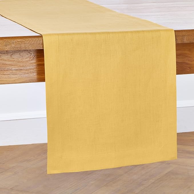 Solino Home Linen Mustard Yellow Table Runner 36 Inches - 100% Pure Linen Farmhouse Short Table Runner 14 x 36 Inch Ideal for Dresser and Coffee Tables - Fete