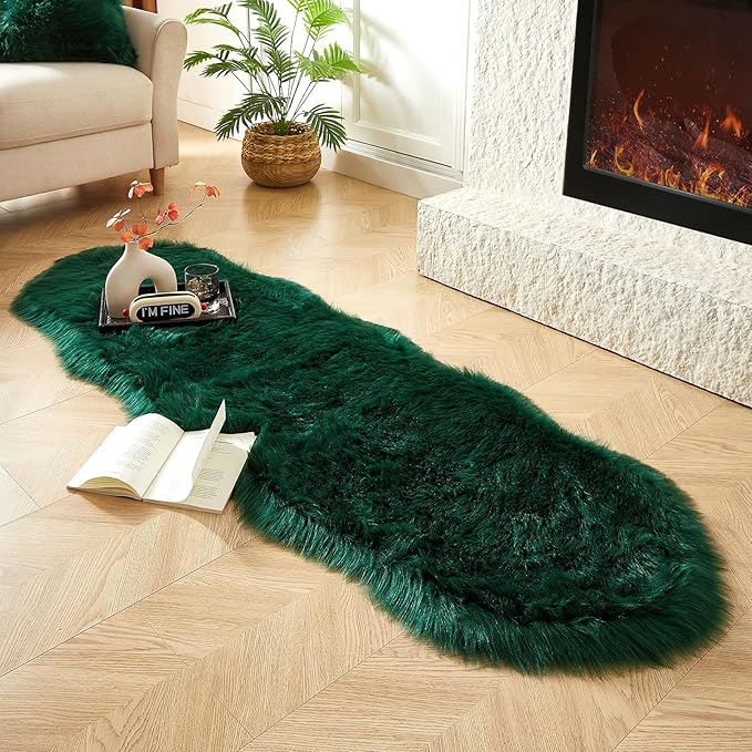 AMTOVO Faux Sheepskin Rug, Dark Green Ultra Soft Fluffy Shag Area Rug, 2 x 6 ft Faux Fur Rug for Bedroom Sofa Throw Cushion Room Decor, Sheepskin