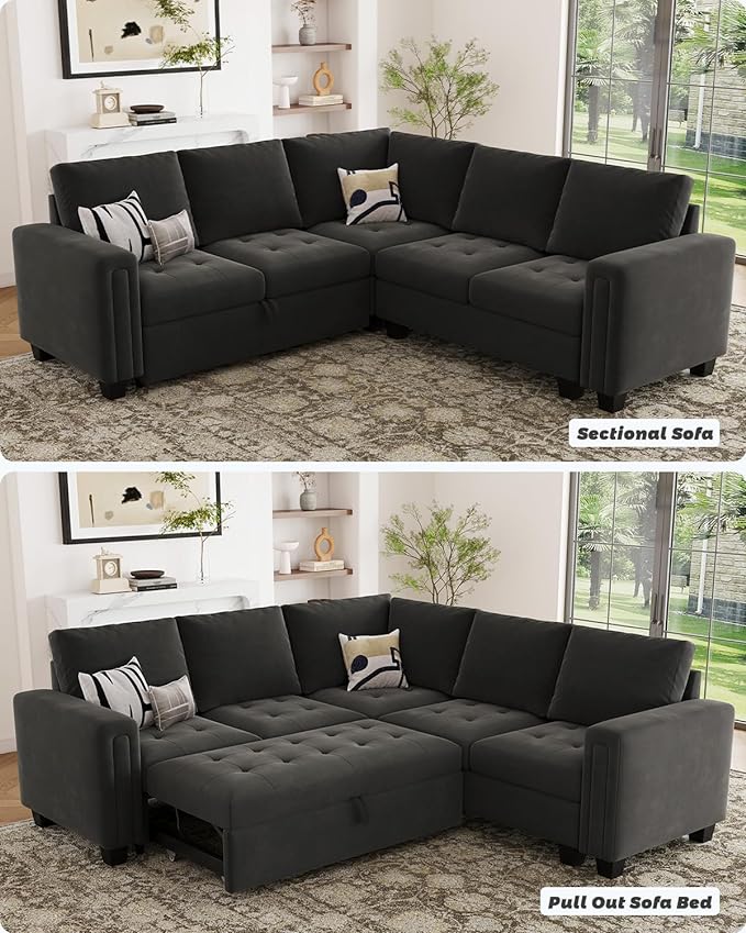 Belffin Modular Sectional Sleeper Sofa with Pull Out Couch Bed Velvet Convertible L Shaped Sectional Couch for Living Room Apartment Grey