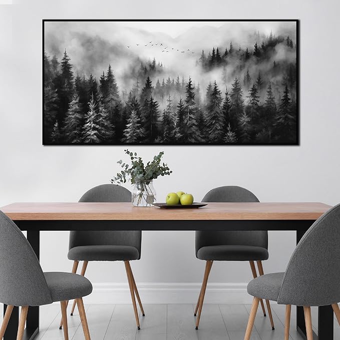 Foggy Forest Wall Art for Living Room Black and White Pictures for Wall Home Office Wall Decor with Black Frame 29 x 58 Inch