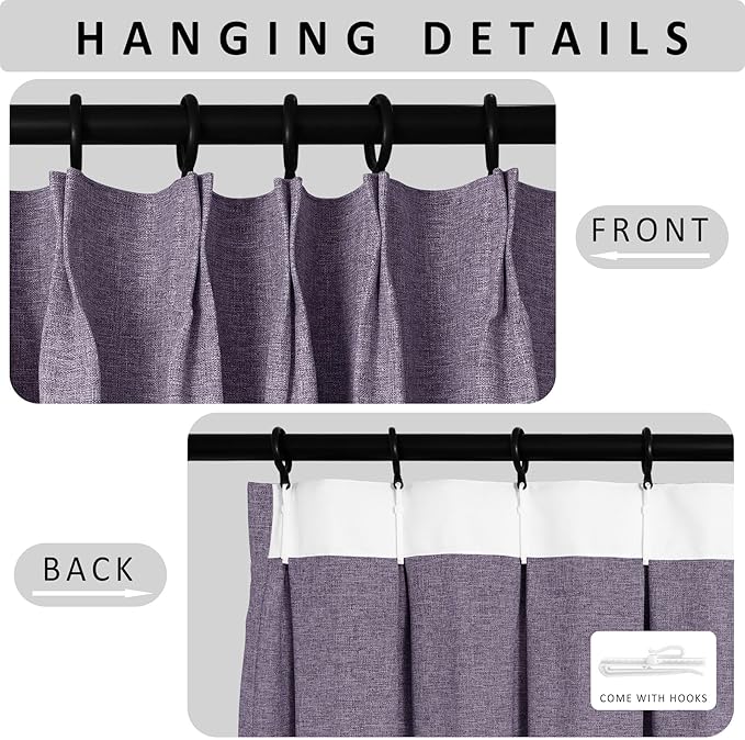 Macochico 100”Wx102”L 100% Blackout Pinch Pleated Linen Curtains for Sliding Door Bedroom Living Room Farmhouse Thermal Insulated Violet Burlap Drapes with Tieback 1 Panel Shabby Chic Style