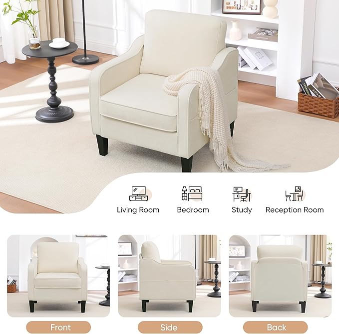 Accent Chairs Set of 2, Upholstered Living Room Chairs with Side Pockets, Mid Century Modern Reading Chair for Bedroom, Comfy Armchair Single Sofa Side Chair for Office, Small Room, Beige