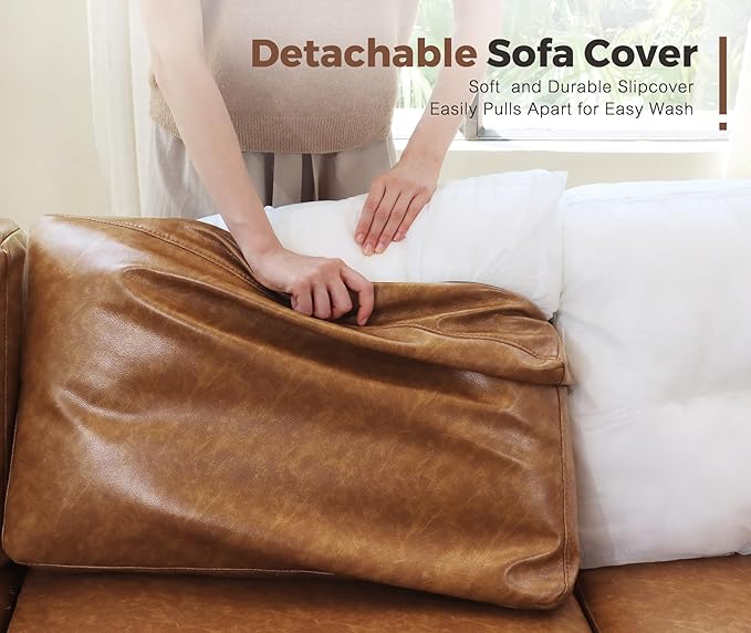 Faux Leather Single Sofa, Modern Accent Chair Brown with Storage Deep Seat Large Reading Armchair for Living Room Bedroom Office