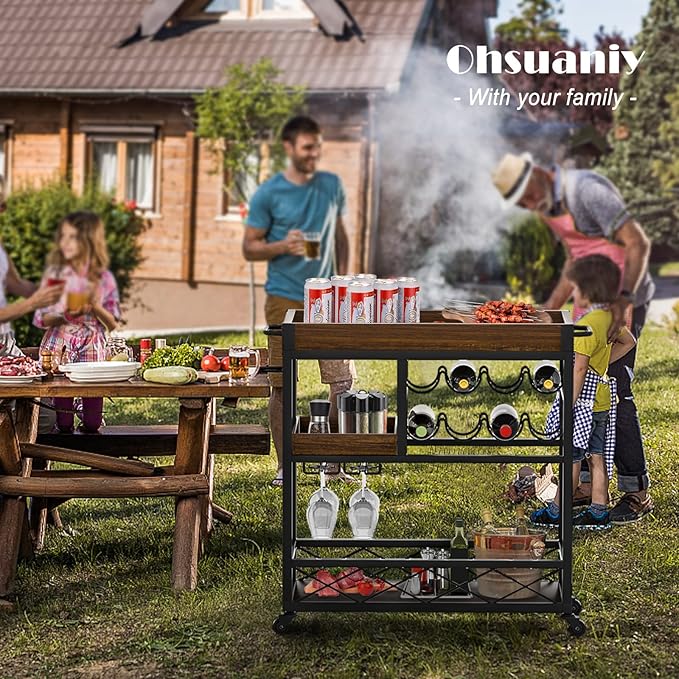 Bar Cart Industrial Kitchen Serving Carts for Home 3 Tier Storage Trolley with Wine Rack Glasses Holder Two Portable Trays Universal Casters with Brakes Rustic Rolling Cart Alcoholic Beverage