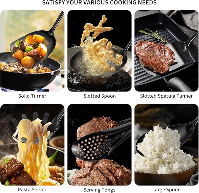 304 Stainlss Steel Matte Kitchen Utensils Set, 12 Pcs Long Metal Cooking Utensil Gadgets Tools Set with Spatula, Ladle, Spoon, Ladle, Skimmer, Tunner, Pasta Server, Tongs(Black, Dishwasher Safe)