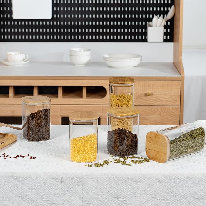 41oz Airtight Glass Square Storage Canister with Bamboo Lid Set of 4 (1200ml) Container Stackable Jar, Kitchen Canister for Pantry Noodles, Flour and Coffee beans (‎with Black Lable)