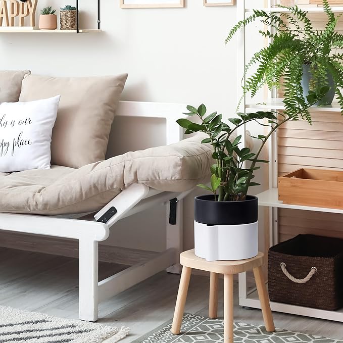 8 Inch Self-Watering Planter Pot with Terracotta Insert, Deep Water Reservoir, and Ceramic-Alike BPA-Free Plastic Planter Pot for Plant, Modern Planter for Houseplants, White/Black, 53-B-T-4