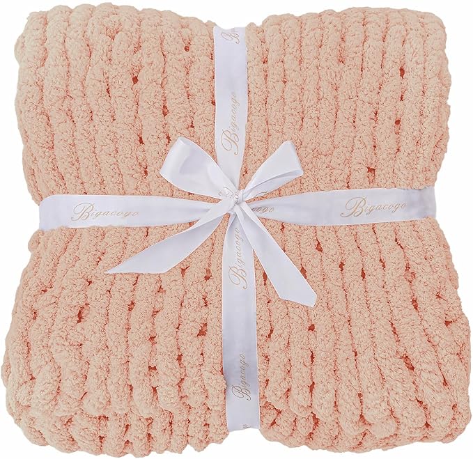 Bigacogo Chunky Knit Throw Blanket for Couch, 40x40 inches, 100% Hand Knitted with Thick Jumbo Chenille Yarn, Cozy Soft Large Rope Knot Cable Crochet Blankets for Sofa Bed Living Room, Peach Fuzz