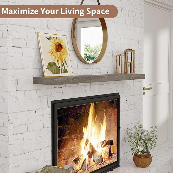 Axeman Floating Shelves for Wall, Rustic Elm Wood 56'' W x 8" D Wall Shelf with Invisible Bracket, Large Long Wall Mounted Storage Shelves for Living Room, Bedroom, Kitchen, Bathroom Decor, Grey