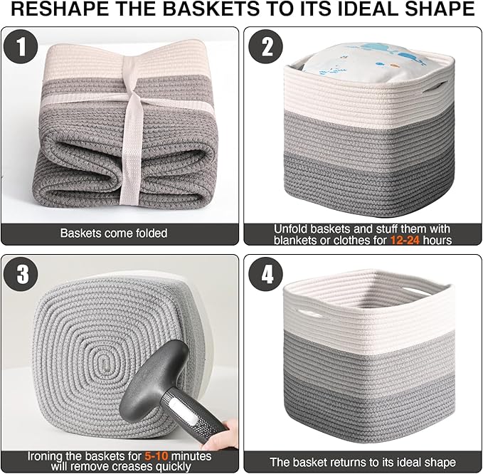 11 Inch Cube Storage Bins, Storage Cube Organizer Bins, Woven Cotton Rope Basket for Storage, Storage Baskets for Organizing Shelves, Grey Baskets for Toys, Gradient Grey (Pack of 3)