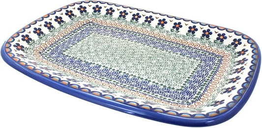 Blue Rose Polish Pottery Aztec Flower Large Rectangular Serving Platter