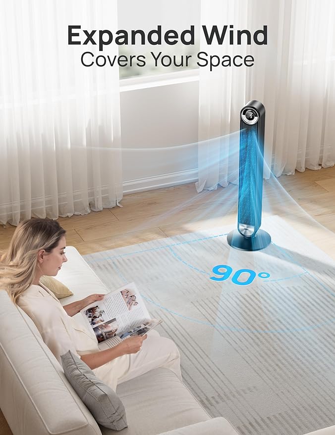 Dreo Tower Fan for Bedroom, Upgraded DC 9 Speeds 25dB Ultra-Quiet Floor Fan, 90° Oscillating Fans with 28ft/s Velocity, 12H Timer, Standing Fan, Bladeless Fan Powerful for Home Office Room