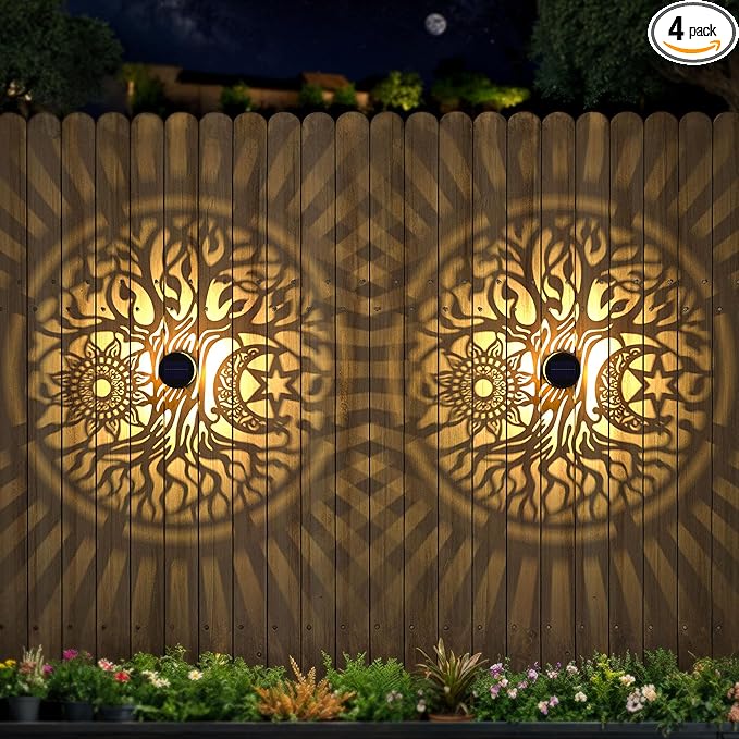 4 Pack Large Solar Fence Lights Metal Solar Powered Outdoor Wall Deck Step Lights Tree Theme Waterproof Fence Light for Garden Post Patio Backyard Yard Decor, Gardening Gifts for Women Mom Grandma