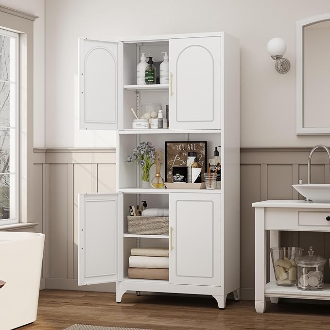 75" Tall Kitchen Pantry Storage Cabinet, Metal Storage Cabinets with 4 Doors and Adjustable Shelves，White Kitchen Hutch Cabinet with Microwave Stand, Large Cupboard for Dining Living Room