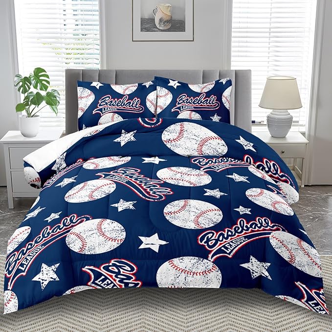 Baseball Comforter Set Queen,Sports Bedding Sets for Boys,Blue Sports Comforter Queen Bedroom Decor,Baseball Bedding Teen for All Seasons,Blue Quilt Kids Bedroom Decor