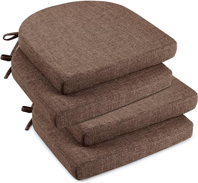 downluxe Indoor Chair Cushions for Dining Chairs, Soft and Comfortable Textured Foam Kitchen Chair Pads with Ties and Non-Slip Backing, 16" x 16" x 2", Brown, 4 Pack