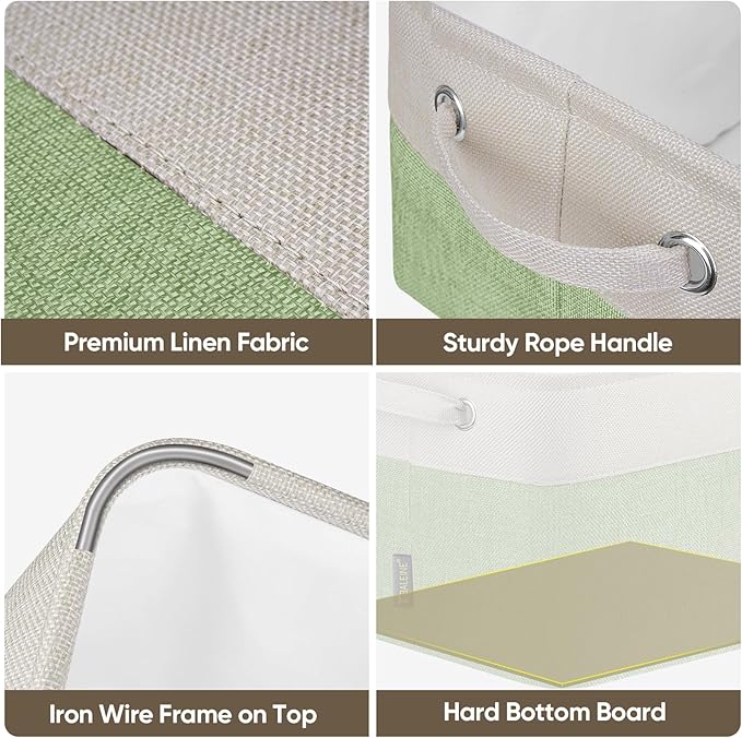 BALEINE 2 Pack Fabric Storage Bins for Shelves, Linen Storage Baskets for Organizing, Decorative Closet Bins for Clothes, Home (Green, 15''x11''x9.5'')