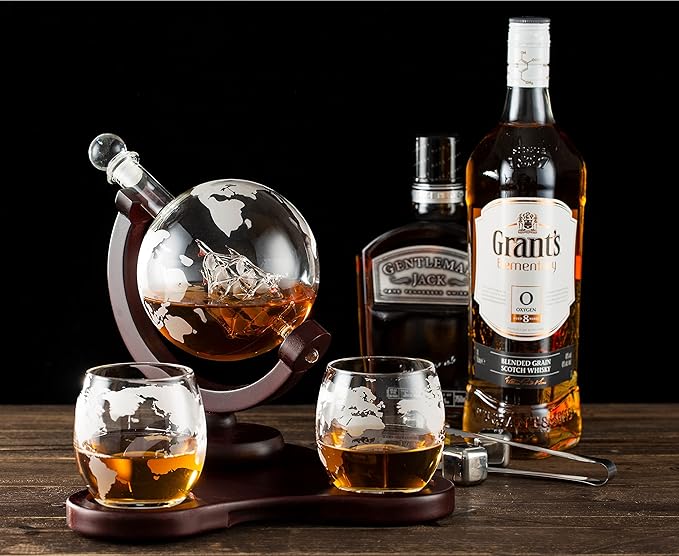 Whiskey Globe Decanter Set with 2 Glasses in Gift Box - Whiskey decanter for Liquor, Whiskey, Brandy, Gin, Rum, Tequila, Vodka, and Brandy - Home Bar Accessories for Men and Women