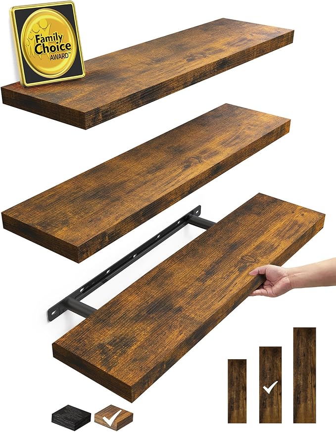 BAYKA Floating Shelves for Wall, 22.5 inches Wall Mounted Rustic Wood Shelves for Bathroom, Bedroom, Living Room, Floating Shelves for Books/Storage/Decor(Rustic Brown,Set of 3)