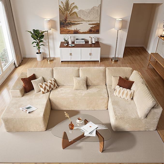 Cloud Sectional Couches for Living Room,U Shaped Modular Sofas No Assembly,133x68 Inches Plush Corduroy Oversized Floor Couch Set with Deep Seat Chaise,Beige