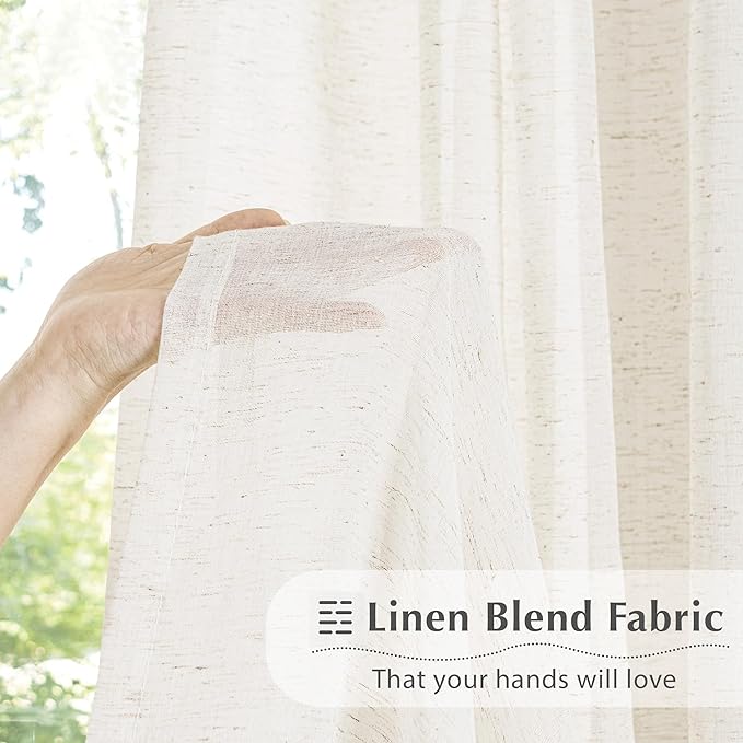 FMFUNCTEX Linen Sheer Pinch Pleated Curtains for Bedroom, Linen Flax Beige 63 Inch Length Sheer Curtain See Through Panels for Living Room, Natural Window Drapes for Farmhouse, Rod Pocket 2 Panels
