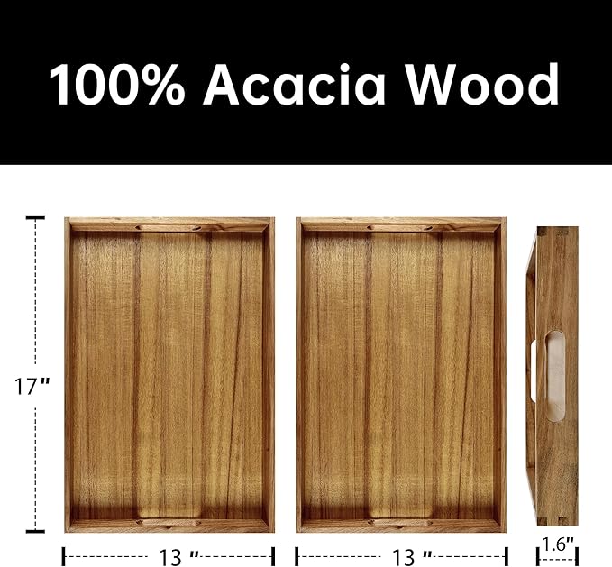 Acacia Wood Serving Tray with Handles (Set of 2)- 17-Inch Decorative Wooden Tray - Perfect for Breakfast, Lunch, Dinner, Ottoman, Coffee Table - Living Room and Couch Tray