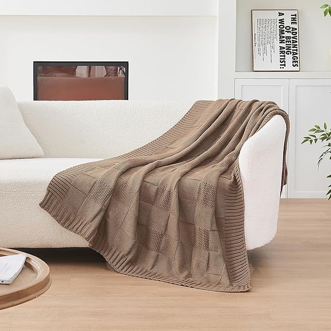 CozeCube Check Knit Throw Blanket, Light Brown Checkered Throw for Couch, Decorative Christmas Soft Cozy Warm Knitted Blanket for Bed Sofa Living Room, 60"X80"