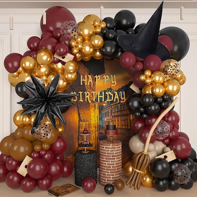 Amandir Magical School Balloons Arch Garland Kit, Maroon Burgundy Black Gold Confetti Balloons with Witch Hat Foil Star Balloon for Magic Themed Birthday Decorations Baby Shower Party Supplies