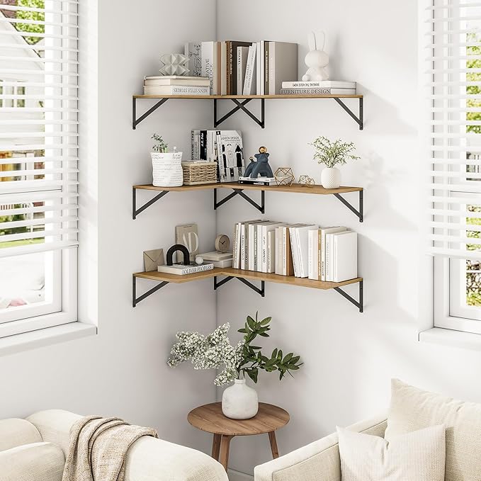 Heimlove 24" W x 12" D Wall Shelves for Books, 12 Inch Deep Floating Shelves Set of 3, Wide Floating Bookshelf with Metal Bracket for Living Room, Kitchen, Office, Bedroom and Decor Storage - Oak