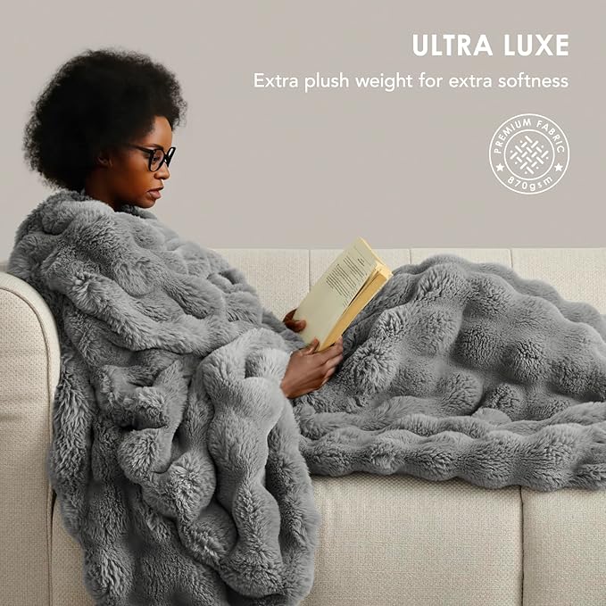 EVERGRACE Ultra Soft Luxury Fluffy Ridgeline Faux Rabbit Fur Throw Blanket, Thick Warm Bubble Throw for Bed, Cozy Plush Reversible Blankets for Couch, Chair, Sofa, Grey, 50x60 Inches, 870 GSM
