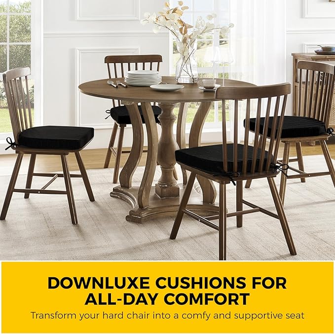 downluxe Indoor Chair Cushions for Dining Chairs, Soft and Comfortable Textured Foam Kitchen Chair Pads with Ties and Non-Slip Backing, 16" x 16" x 2", Black, 6 Pack