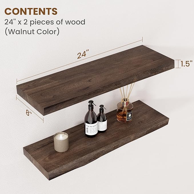 Floating Shelves for Wall Decor, Rustic Solid Elm Wood Live Edge Floating Shelves Wall Mounted, Wall Shelves with Invisible Bracket for Living Room Bathroom Bedroom Kitchen, 24 Inch Set of 2, Walnut