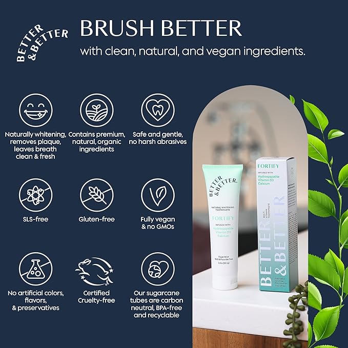 Better & Better Fortify Hydroxyapatite Toothpaste | Infused w/VIT. D & Calcium | Fluoride & SLS Free for Sensitive Brushers | Natural & Vegan Whitening Toothpaste | Fresh Mint Flavor | 3.4oz, 1 Pack