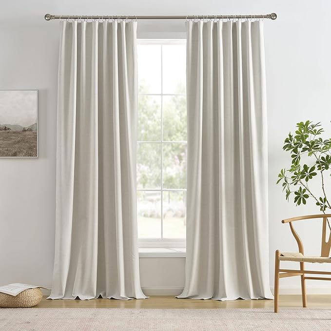 RAIN CITY 104 Inch Long Black Out Curtains 2 Panels Custom Drapery Neutral Blackout Pleated Ceiling Track Curtain for Dining Room Linen Textured Back Tab with Hooks 50"x104"