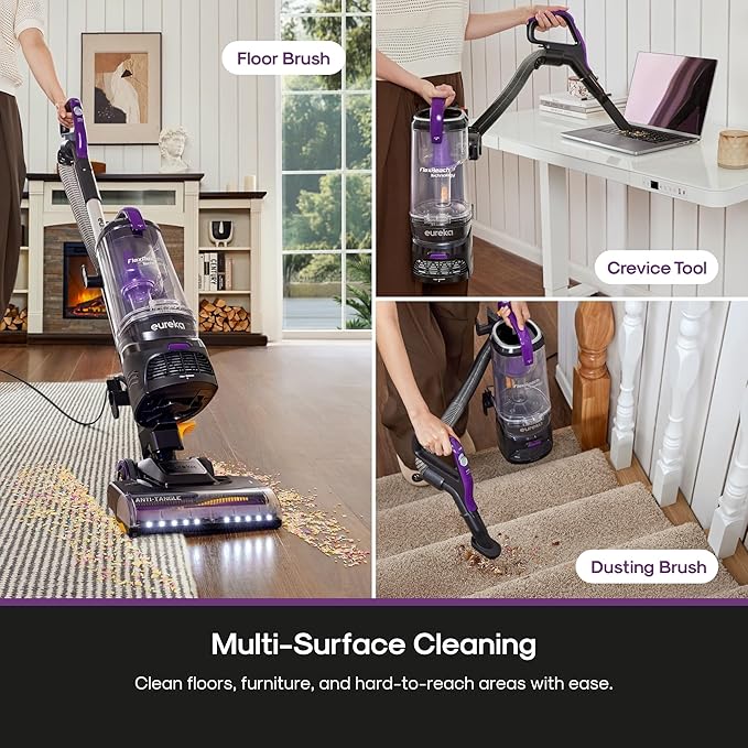 Eureka FlexReach Powerful Upright Vacuum Cleaner for Carpet and Hard Floor, Lift-Away Vacuum with Large Dust Cup, Anti-Tangle, NEU651PL, Purple