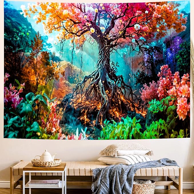 Delur Forest Tapestry Tree of Life Fantasy Tropical Rainforest Tapestry Wall Hanging Colorful Nature Mystical Landscape Psychedelic Spiritual Headboard for Bedroom Living Room Home Decor (59.1" x 78.7")