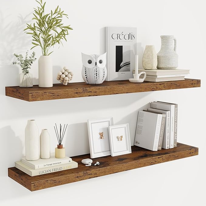 Fun Memories 40" Rustic Wood Floating Shelves with Invisible Brackets for Storage & Decor, Deep Wall Mounted Shelves for Bathroom, Kitchen, Living Room (Brown,Set of 2)