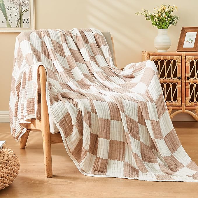 EMME Checkered Throw Blanket Cooling Cotton Blanket for Couch Soft Muslin Blankets 50"x60" Lightweight Breathable Cooling Soft All Season Gauze, Light Tan