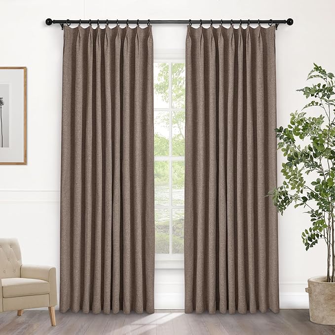 Macochico Pinch Pleated Blackout Linen Curtains 96 Inches Long 100% Light Blocking Burlap Curtains for Bedroom Living Room Thermal Window Panels with Tieback 72”Wx96”L Light Brown 1 Panel
