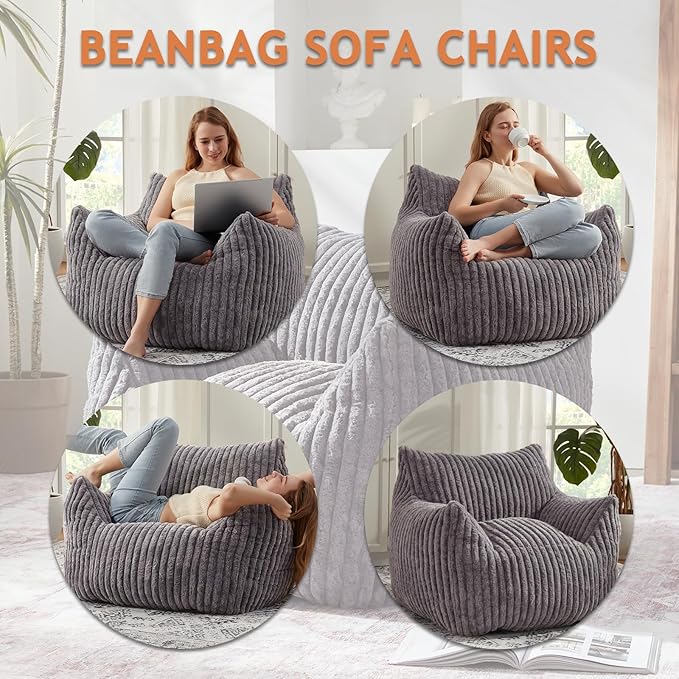 Giant Bean Bag Chairs for Adults with Filling Plush Fluffy Bean Bag Chairs for Teens with Armrests Comfy BeanBag Lazy Couch Sofa Chair for Bedroom Living Room Reading (Dark Gray2, M-for Teens/Adults)