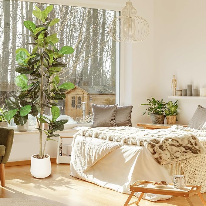 Artificial Fiddle Leaf Tree, 7ft Faux Plant Fake Ficus Lyrata Trees with White Planter, Artificial Fig Trees Floor Plants for House Office Living Room Indoor Home Decor, Housewarming Gift