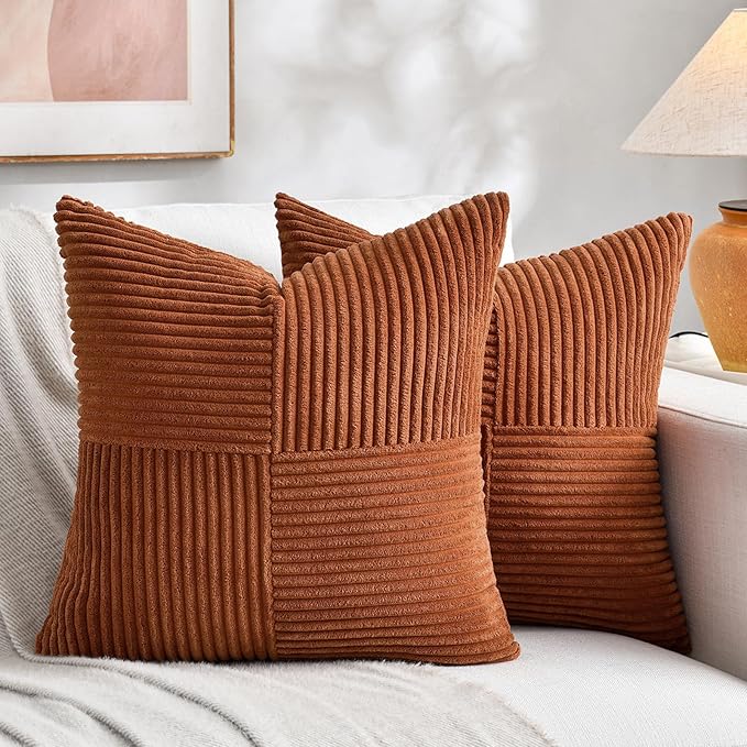 Fancy Homi 2 Packs Rust Decorative Throw Pillow Covers 16x16 Inch for Living Room Couch Bed, Rustic Farmhouse Boho Home Decor, Soft Corss Patchwork Corduroy Square Terracotta Cushion Case 40x40 cm