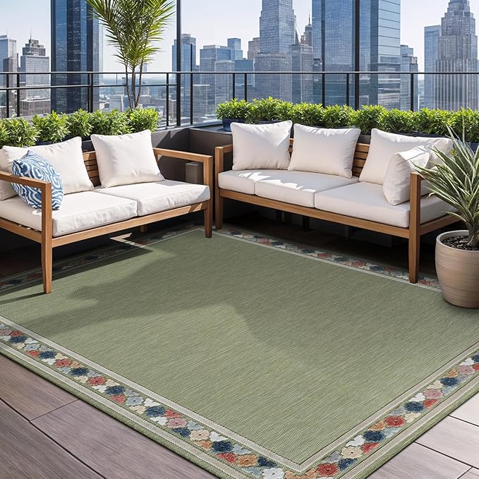 Beverly Rug Outdoor Rug 6x9 Modern Bordered Area Rugs for Indoor and Outdoor Patio Easy to Clean Non Shedding Living Room Porch Garden Washable Outside Carpet (6 x 9 Green)
