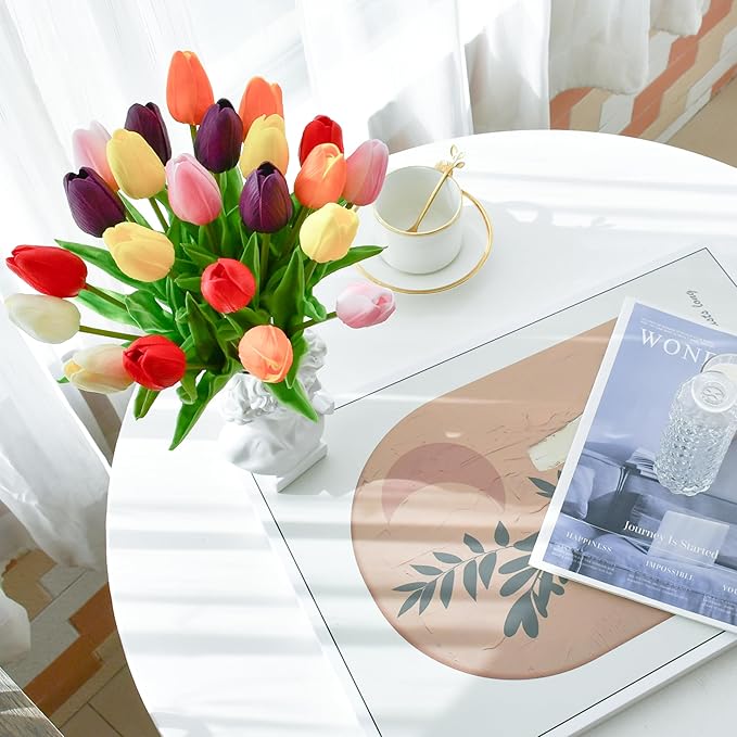 Mandy's Artificial Tulips 12 Stems Multicolor PU Faux Flowers for Wedding Home Decor 13.5 Inch