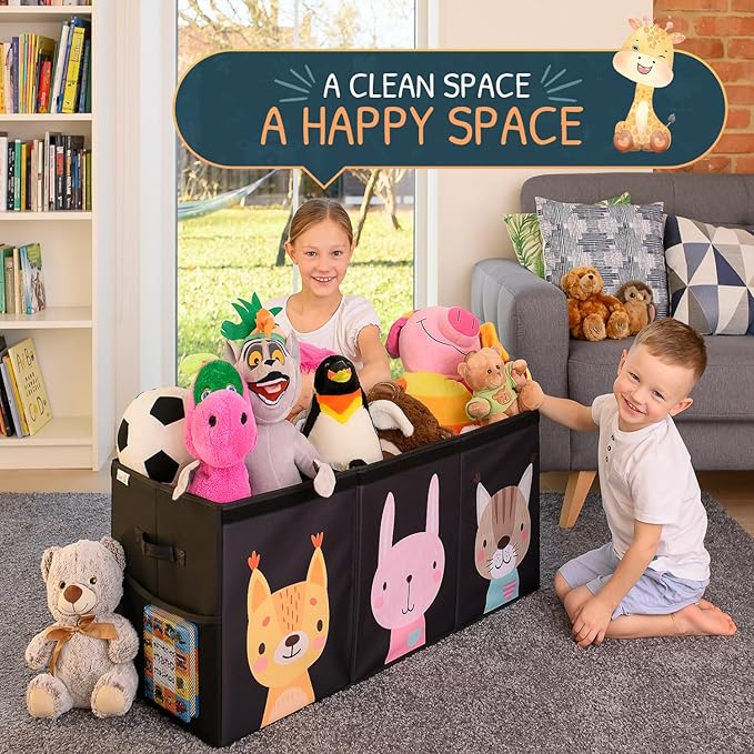 Extra Large Toy Storage Organizer with Lid - Sturdy, Collapsible Toy Chest Storage Box with Cute Design - Toys Bin with Dividers for Kids, Boys, Girls, Nursery, Bedroom, Play room 37"x16"x14"