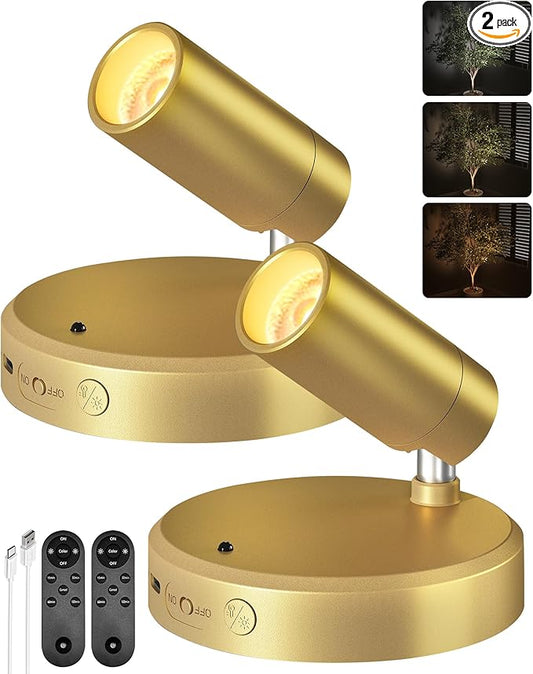 EZVALO LED Spotlight Indoor, 5500mAh Rechargeable Battery Uplighting Indoor, Wireless Mini Art Accent Spot Lights with Remote, for Plants Display Painting Dartboard Artwork Portrait Closet(2Pack-Gold)