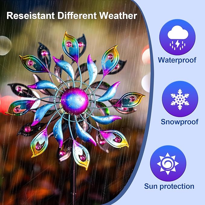 360°Peacock Solar Wind Spinner with Lights Blue Metal Garden Outdoor Decor Yard Lawn Art Decor for Patio Kinetic Windmills Unique Gifts for Friends and Family 51.9' H x 12.2'' Dia